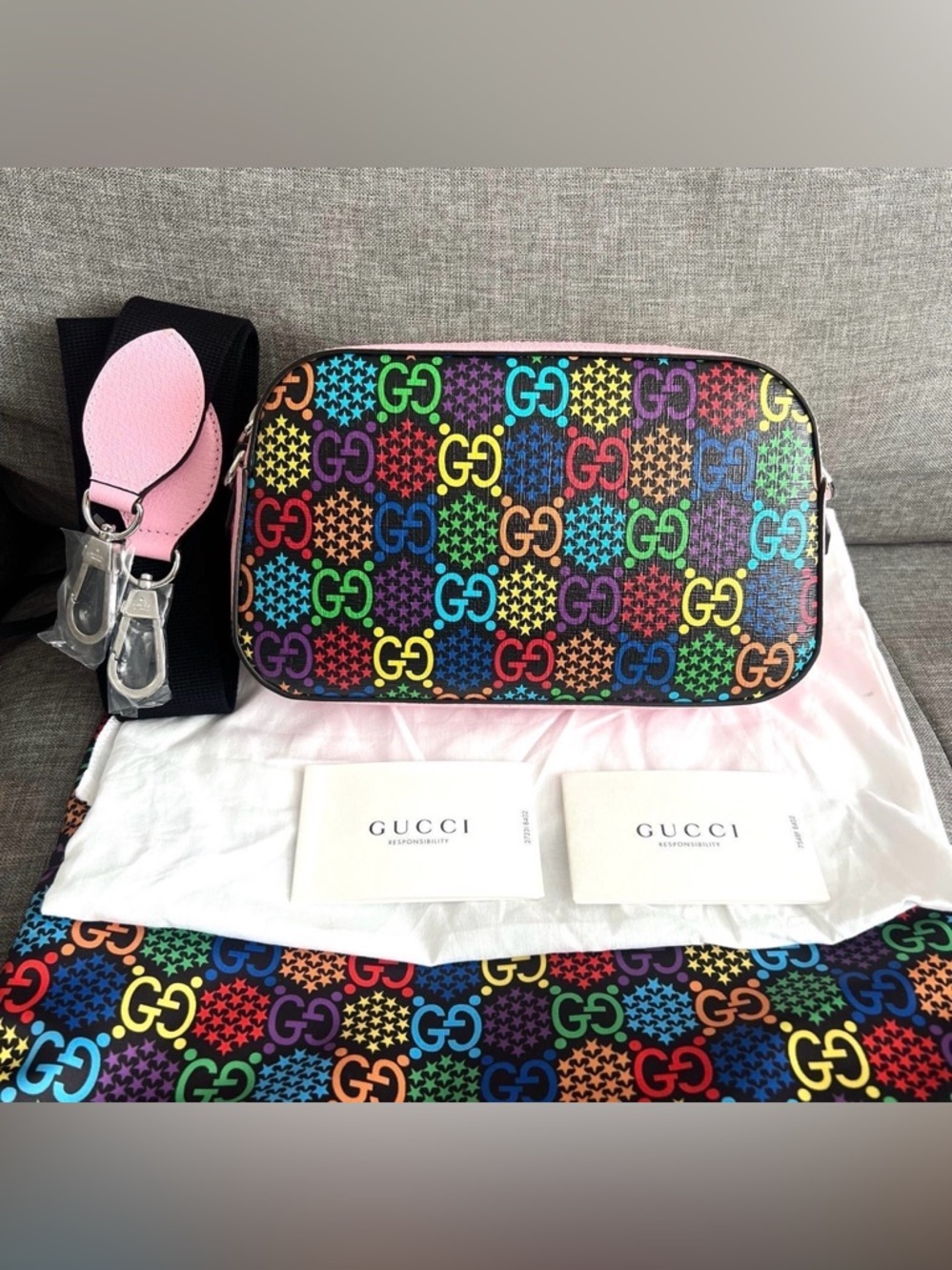 Auth Gucci Camera Crossbody Bag Psychedelic Print GG Coated Canvas